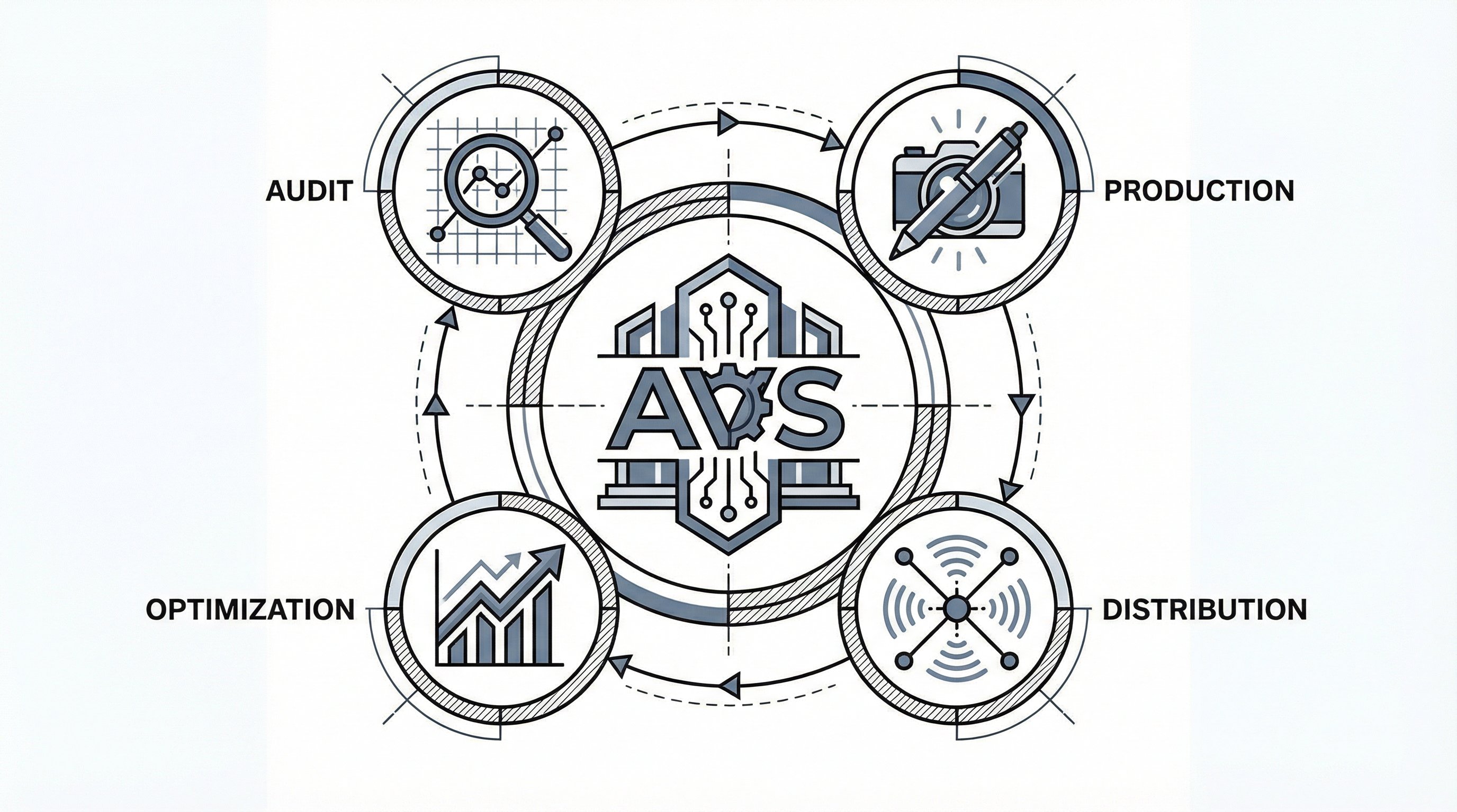 Diagramme illustrant les 4 phases du système AVS : Audit, Production, Distribution et Pilotage
