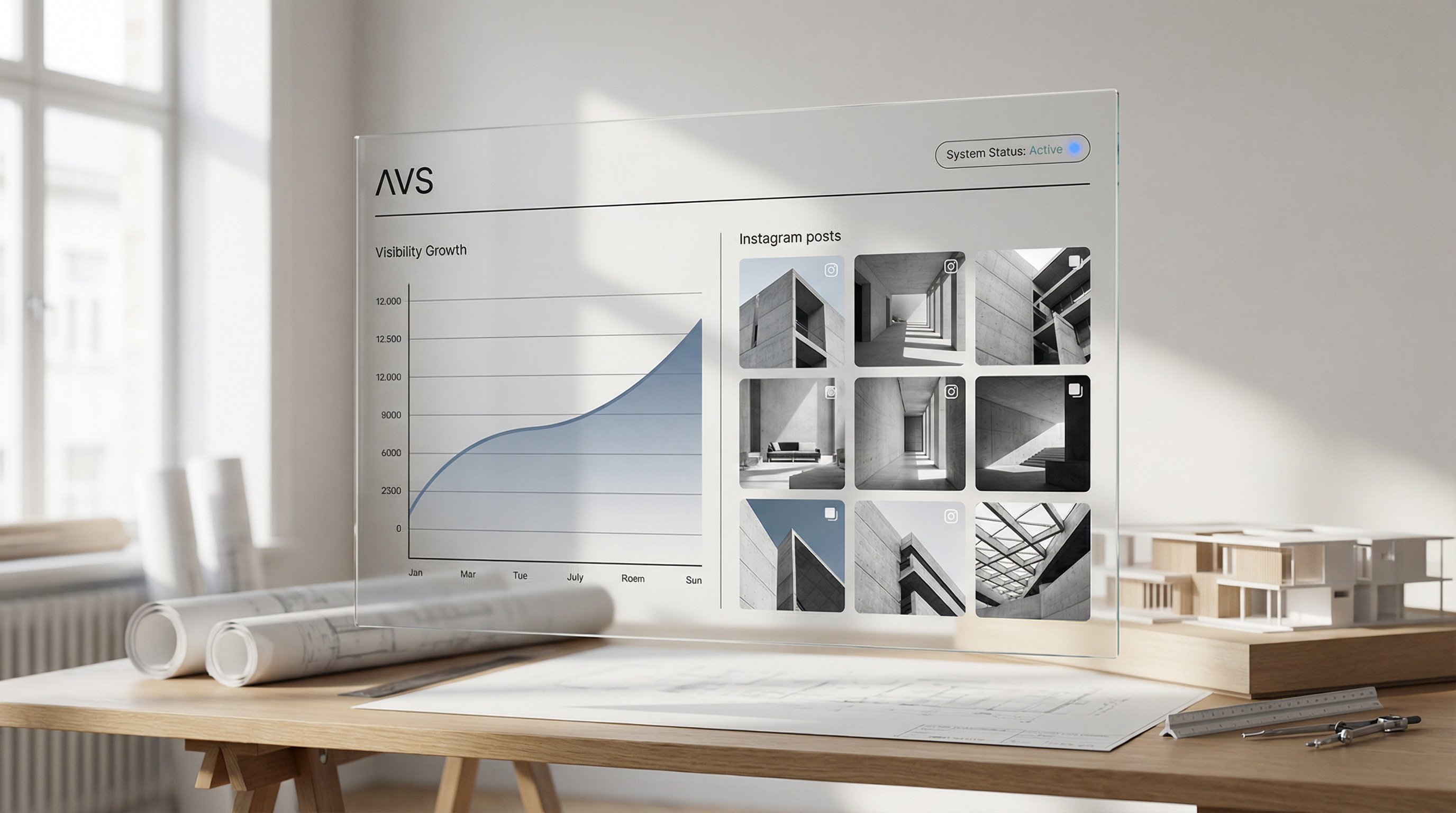 Interface du tableau de bord AVS montrant les statistiques de visibilité et les performances des contenus
